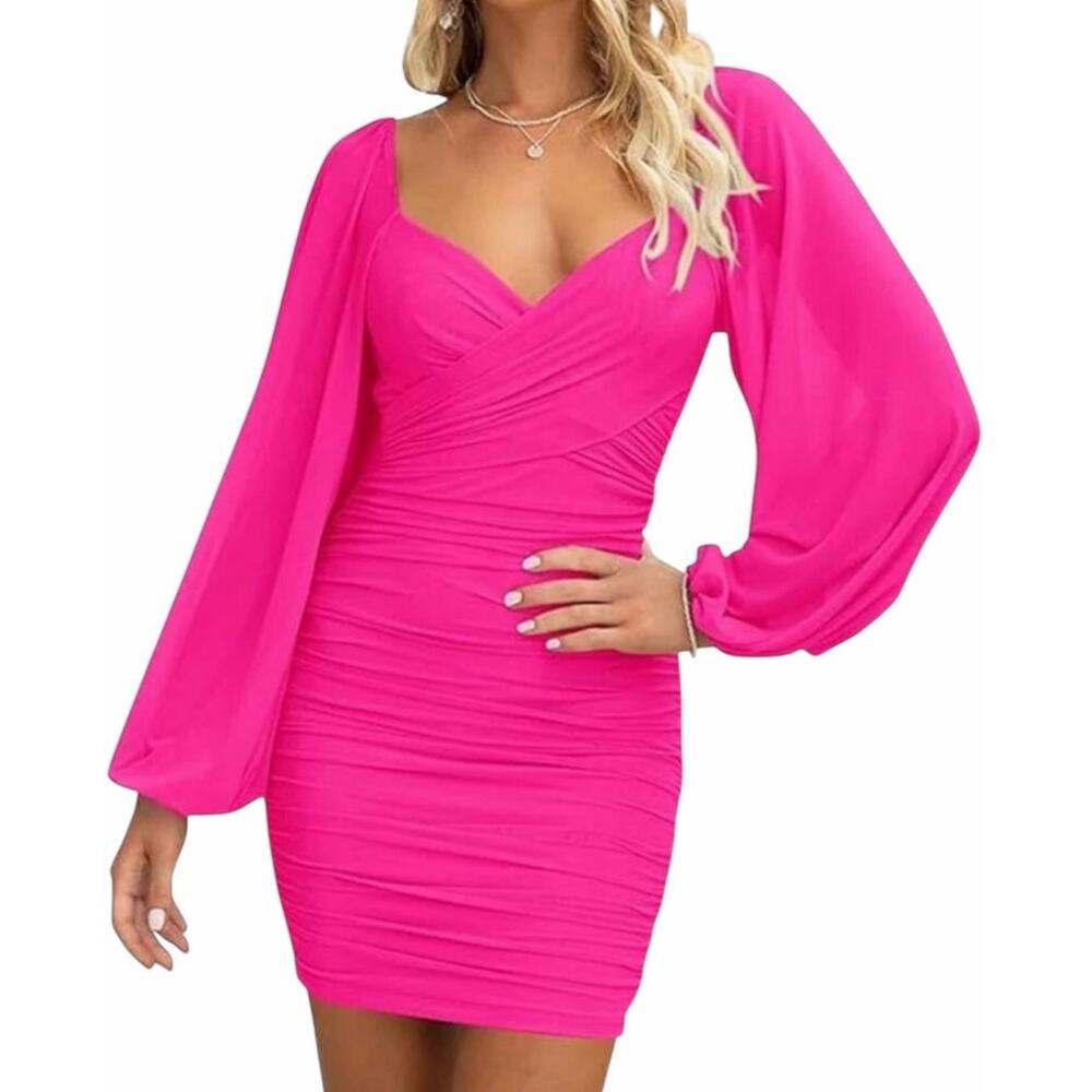 BTFBM Women's Small Bright Pink Sexy Ruched Long Sleeve Bodycon Mini Dress - Picture 2 of 8